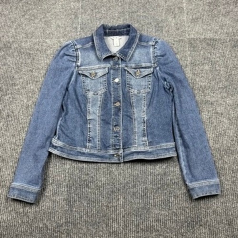 WHBM White House Black Market Puff Shoulder Denim Jacket Medium Wash Blue M